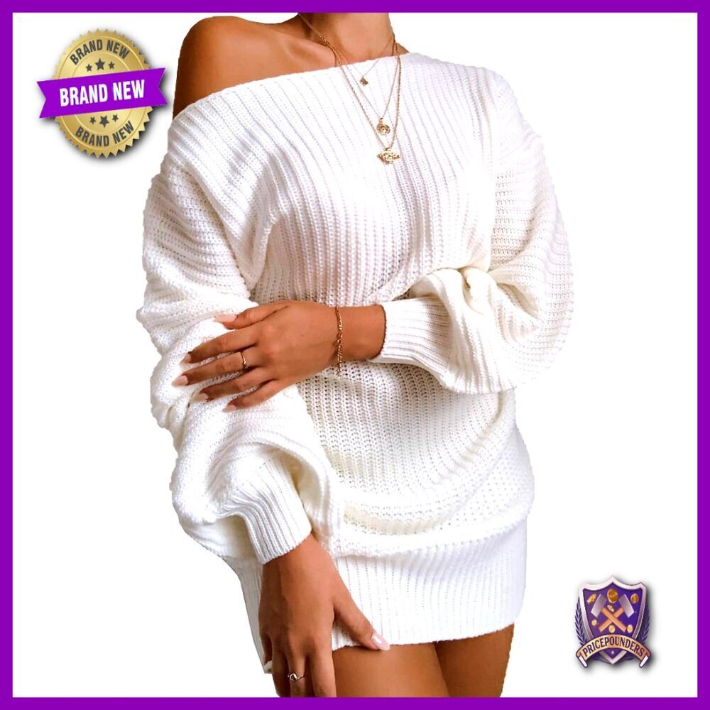 Oversized Off Shoulder Chunky Knit Sweater Dress Pullover Lantern Sleeve